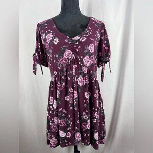 Torrid Burgundy Floral Babydoll Top – Size 1X – Tie Sleeves